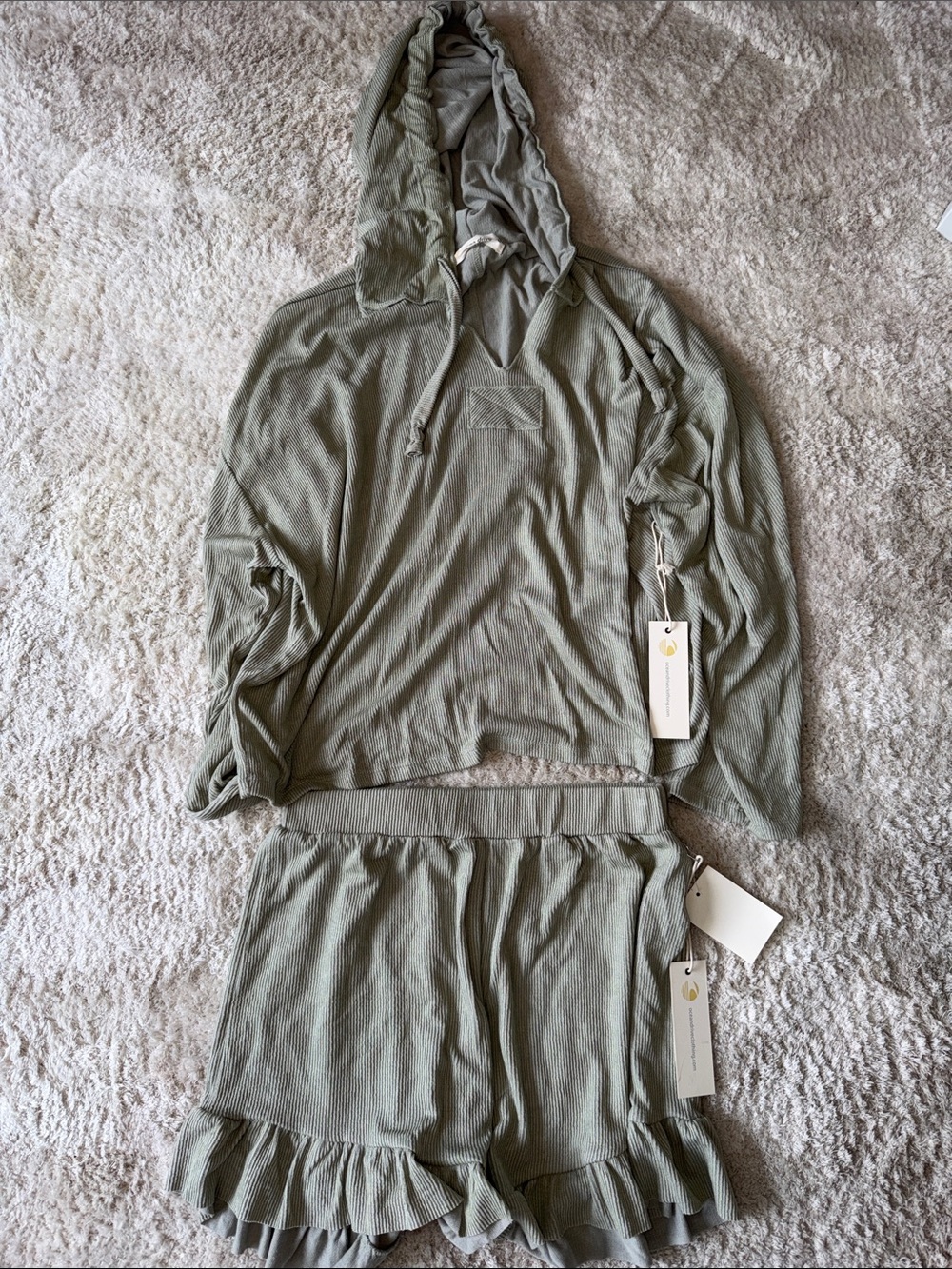 Light Sage Ribbed Hoodie Top and shorts set- Women